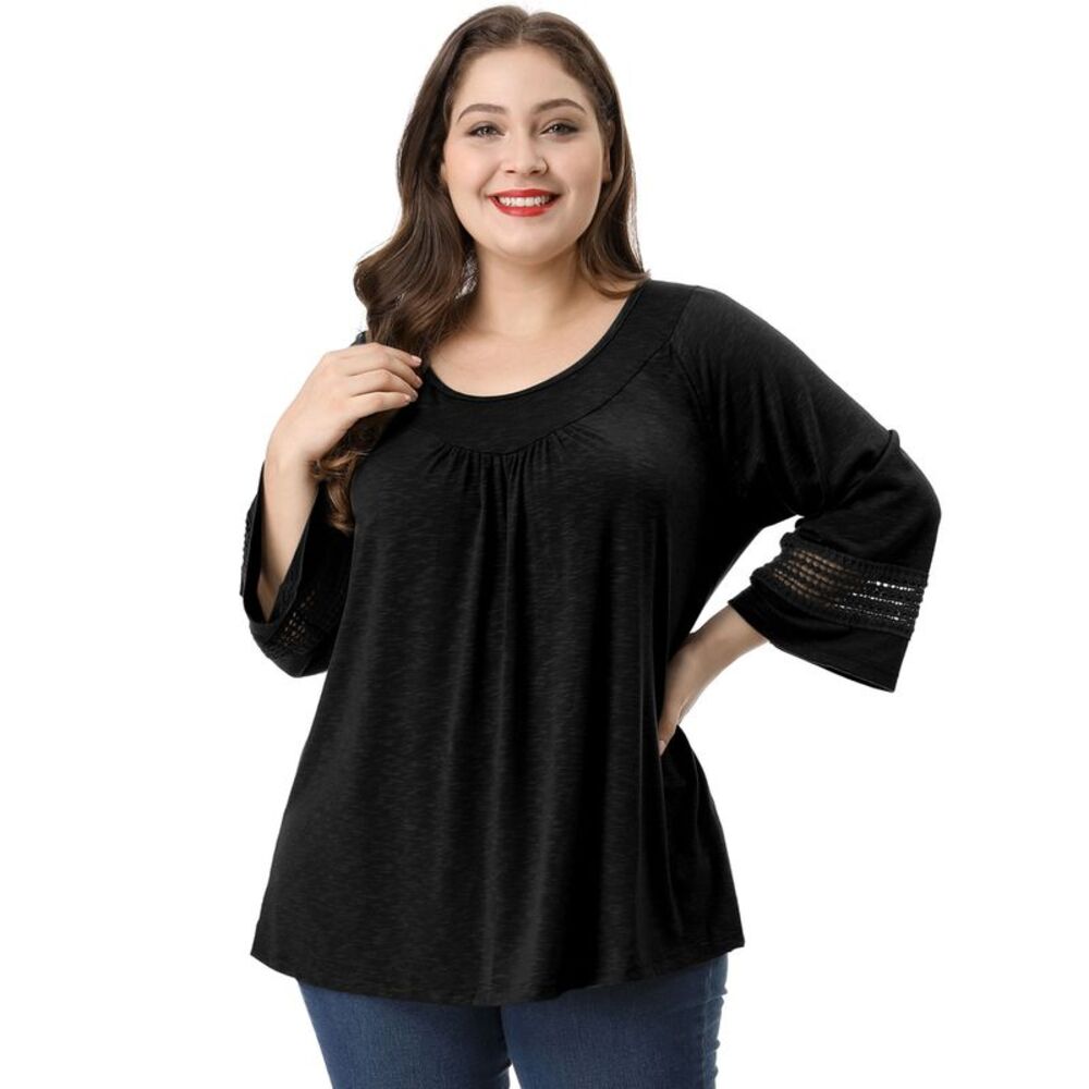 Women's Plus Size Crochet Panel Kimono Raglan Sleeves Tops Black